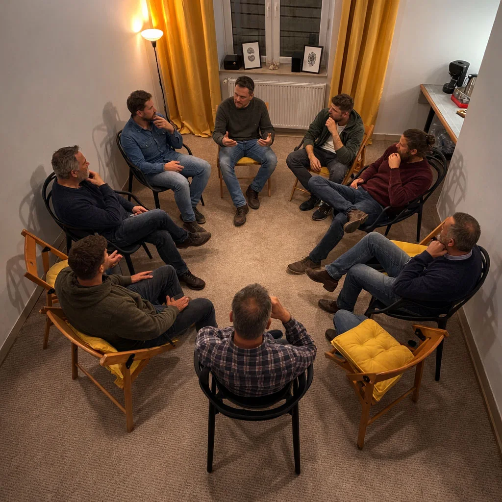Uczestnicy Męskiego Kręgu siedzą w kręgu w pracowni
